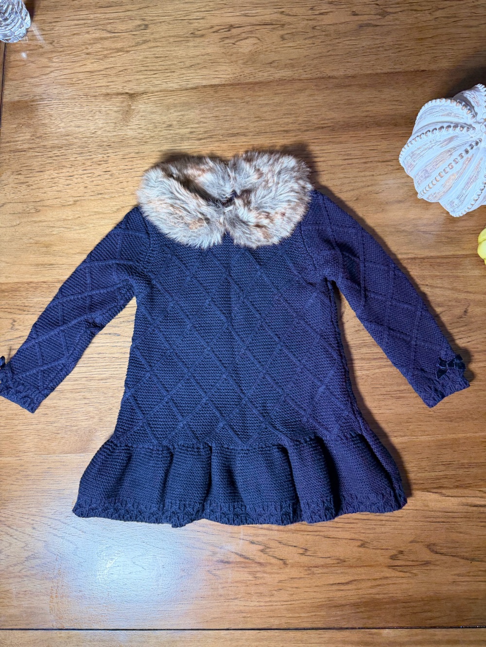 Tahari Navy Knit Dress with Faux Fur Collar